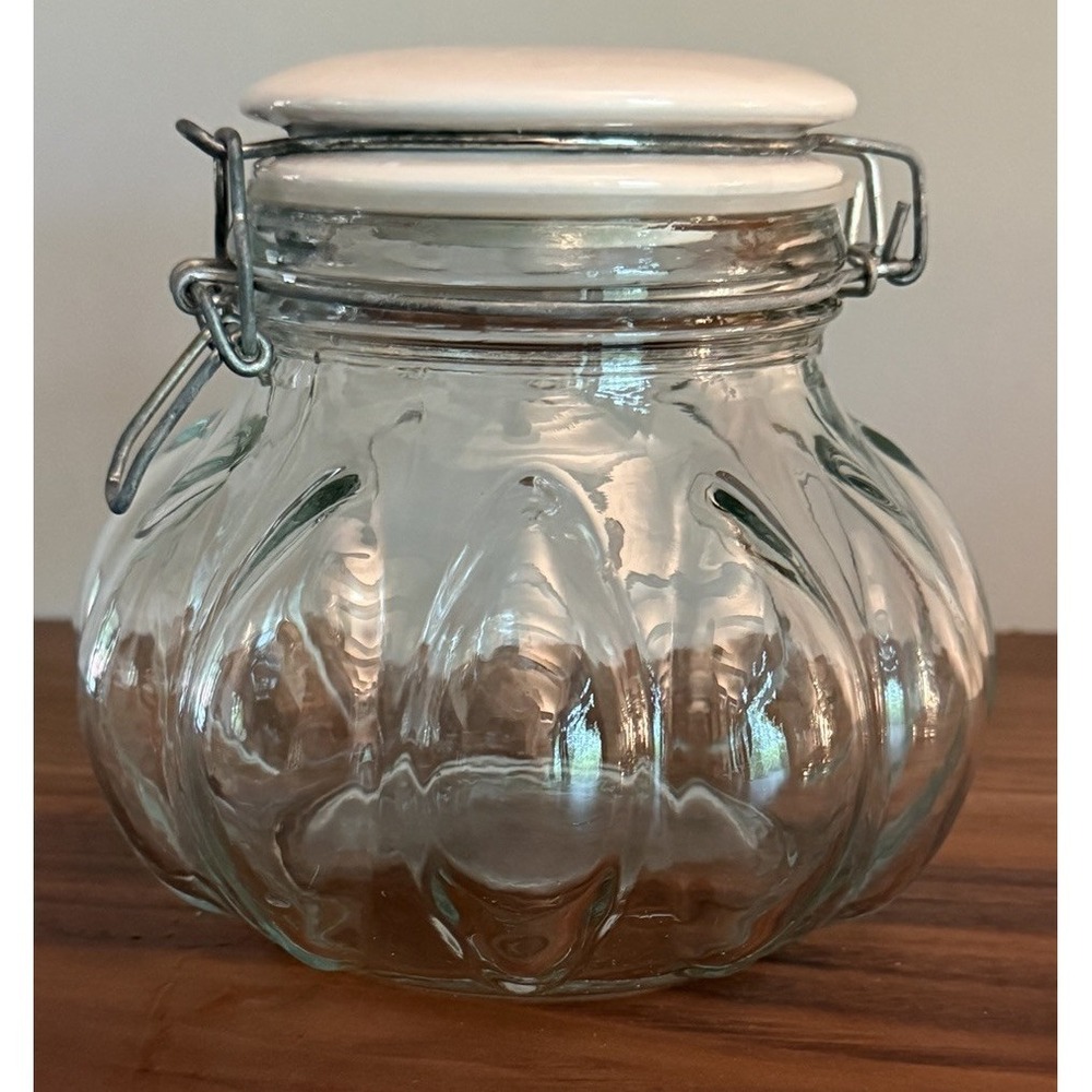 VTG Hand Made Pumpkin Glass Ribbed Jar with White Ceramic Bale Lid Clear NEW
